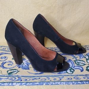 Pink Studio Black Suede Leather Open Toe Block Heel Shoes Womens Size 6 M